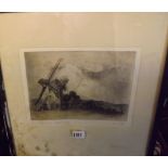 A signed coloured etching by C Vaid ? Lower Mill Dalham Suffolk