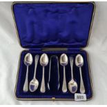 A boxed set of six bright cut teaspoons and a pair of tongs Sheffield 1903 by WSS 140 gms