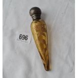 A Victorian funnel shaped scent bottle silver cover Birmingham 1884 amber coloured glass body (loose