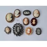 Ten assorted cameos including 1 x silver & Wedgwood