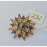 Pearl and cats eye gold mounted sunburst brooch 7.6g inc