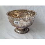 A Edwardian rose bowl embossed with flowers and scrolls 8 inches diam London 1905 by JW FCW 418 gms
