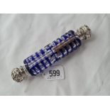 A attractive blue glass overlay scent bottle with embossed silver ends 6 inch's long