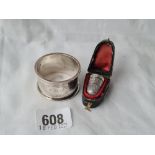 A boxed thimble, Birmingham 1905 by JF, a napkin ring 1899
