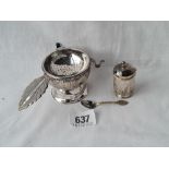 A continental tea strainer on stand and a similar mustard pot with spoon