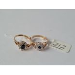 Two sapphire & diamond cluster rings in 9ct - size N/M - 3.1gms