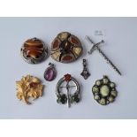 Three miracle brooches & 1 pendant plus 4 other items