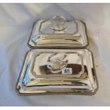 a pair of shaped oblong entrée dishes and covers 10 1/2 inches long