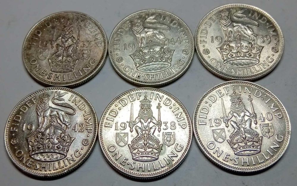 Six George 6th silver shillings better grade - Image 2 of 2
