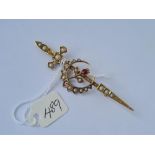 A pearl & garnet set sword and crescent 9ct brooch 3.9g