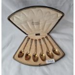 A boxed set of six coffee spoons silver gilt with enamel Birmingham 1925 by DNS