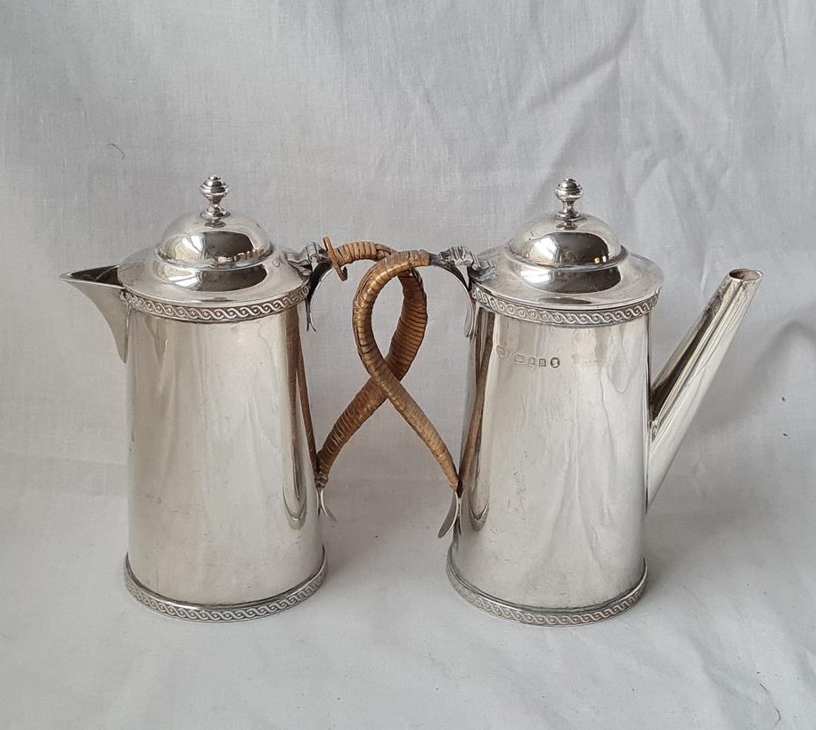 A pair of coffee au lait jugs with decorated rims hight 6 inches London 1935 585 gms - Image 2 of 3