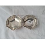 A pair of hexagonal Stirling dishes pieced rims 4 inches wide 89 gms