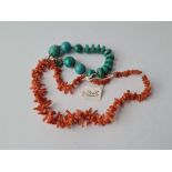 Turquoise bead bracelet & a coral twigg necklace