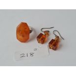 A silver & amber cube earrings & silver & amber ring