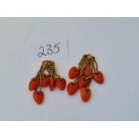 Two gold mounted coral tassels drops