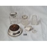 A three silver mounted jars with glass body's and a pin cushion