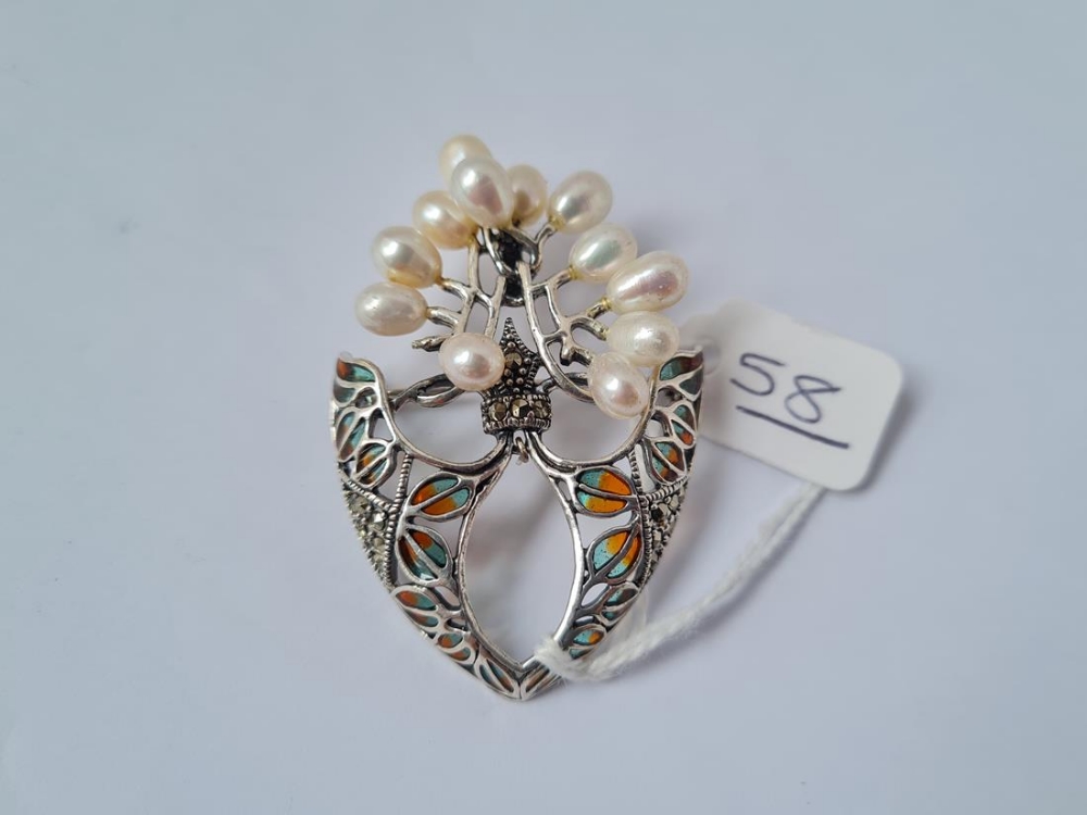 A silver plique a jour marcasite & pearl brooch