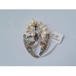 A silver plique a jour marcasite & pearl brooch