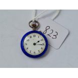 A blue enamelled silver fob watch with pictured back