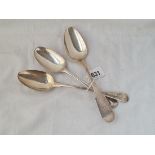 Three Georgian table spoons one with shell back 1750 another 1807/1788 180gms