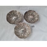 three foreign silver embossed dishes 4 inches dia 85 gms