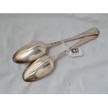 Two mid 18th century table spoons with rat tail bowls one 1778 by Script GL 110grm