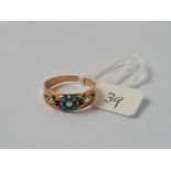 AN ANTIQUE RING SET WITH HALF PEARLS & TURQUOISE IN 15CT GOLD - MARKED B'HAM 1924 - size O