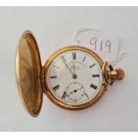 A rolled gold gents hunter pocket watch by LANCASHIRE WATCH Co. Ltd with seconds dial - w/o