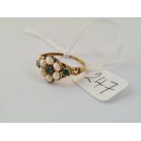 A VICTORIAN EMERALD & PEARL CLUSTER RING WITH LOCKET POCKET SET IN GOLD - size P