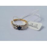 Three stone sapphire & diamond ring in 18ct gold - size 0 - 2.6gms