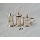 A cruet set with cylindrical body's B'ham 1945 107 gms excluding liner