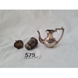 a miniature half fluted coffee pot (no lid) A thimble and a unmarked scent funnel
