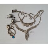 A small charm bracelet, silver ball earrings, diamante paste items etc.