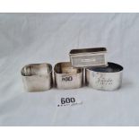 Four napkin rings a plain pair B'ham 1926 113 gms