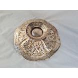 A shaped circular embossed cake basket with swing handle 10 inches wide London 1857 by JA 606 gms