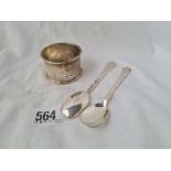 A pair of Britannia standard Victorian trifid tea spoons B'ham 1880 and a napkin ring 61 gms
