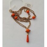 A VICTORIAN GOLD & CORAL PENDANT NECKLACE IN 15CT GOLD (TESTED) - 21.9gms
