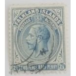 FALKLANDS SG63b (1916/2 1/2d line perf). Fine used Cat £60