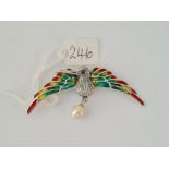 A silver pique a jour & pearl bird of paradise brooch