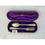A christening set of a spoon and fork in fitted case London 1885
