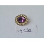 A fine Georgian amethyst & pearl cluster oval brooch set in gold - dated 1825 - (missing back pin)