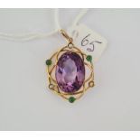 AN EDWARDIAN SUFFRAGETTE PENDANT SET WITH AMETHYST, EMERALDS & PEARLS