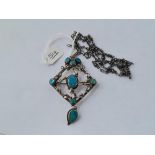 A LARGE SILVER & OPAL ARTS & CRAFTS PENDANT & CHAIN