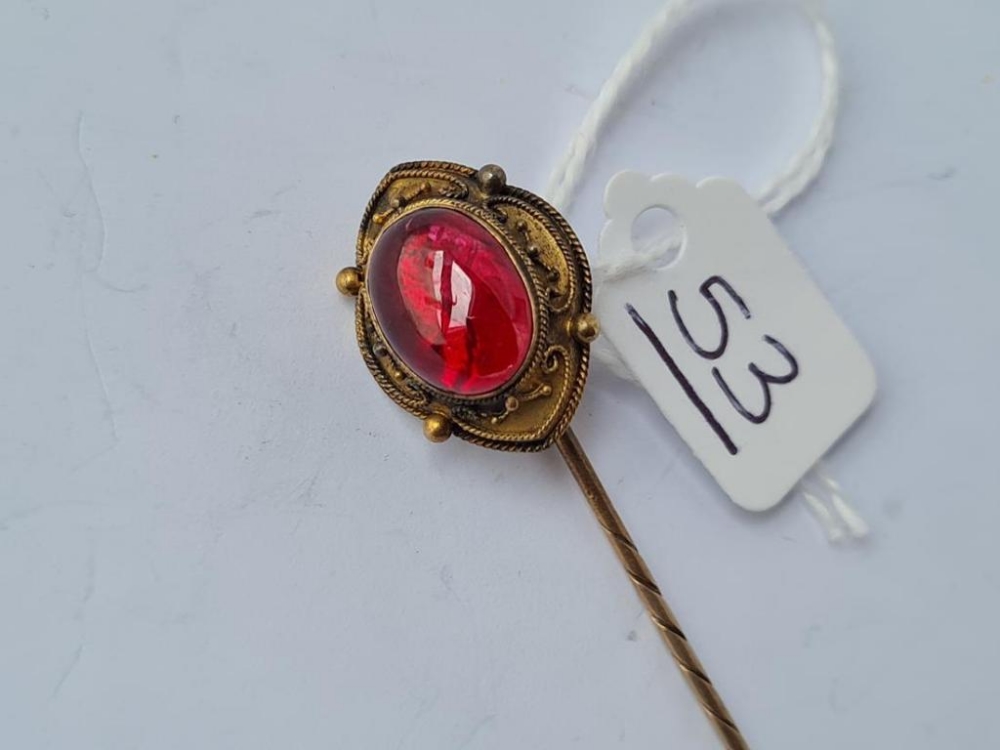 A large cabochon garnet stick pin with Victorian registration mark - 15ct gold tested - Image 2 of 2