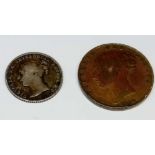 A Victorian Farthing 1838 and Four pence 1840