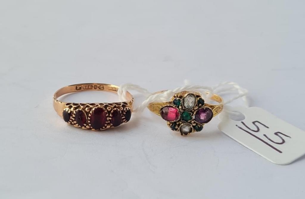 A Victorian cluster ring (B'ham 1870) in 12ct gold - size K & a garnet ring (Chester 1912) - size