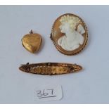 A rolled gold heart pendant, cameo & bar brooch