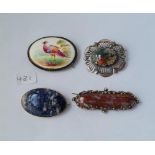 A Victorian silver agate brooch, 2 vintage silver stone set brooches & silver porcelain brooch