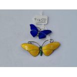 Two x silver & enamel butterfly brooches